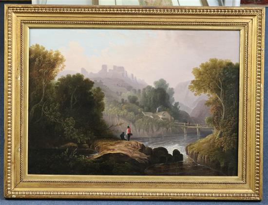 19th century English School Anglers in a river landscape, a castle beyond, 17 x 24in.